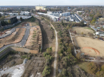 Southside Trail looking west with D. H. Stanton Park to the right. Photo by LoKnows Drones.